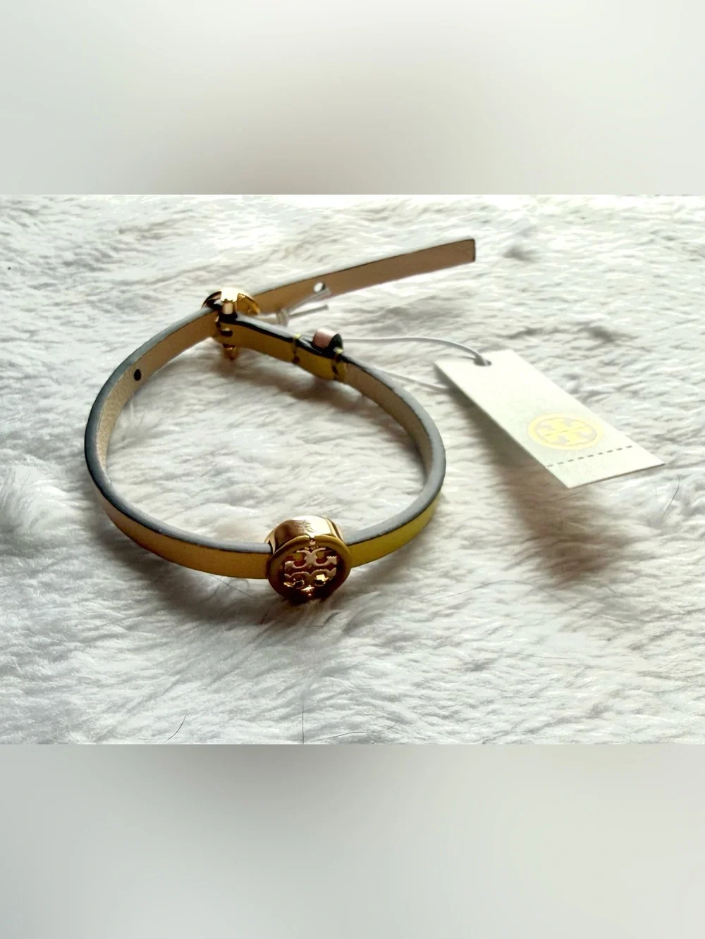Tory Burch Degrade Yellow Pink Logo Leather Bracelet